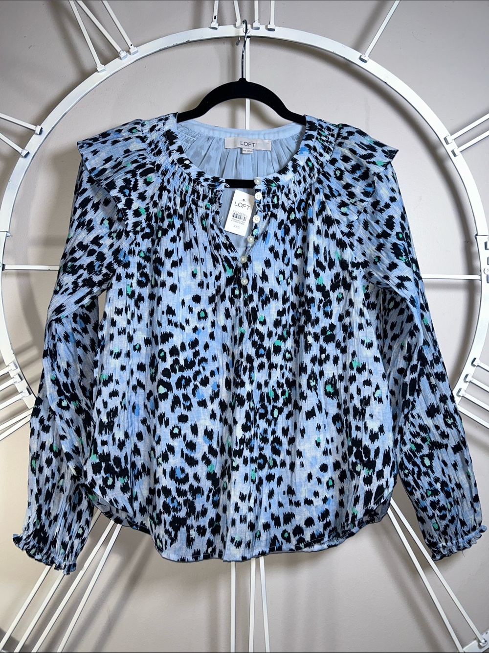 NWT LOFT Light Blue Leopard-Print Ruffle Neck Smocked Blouse